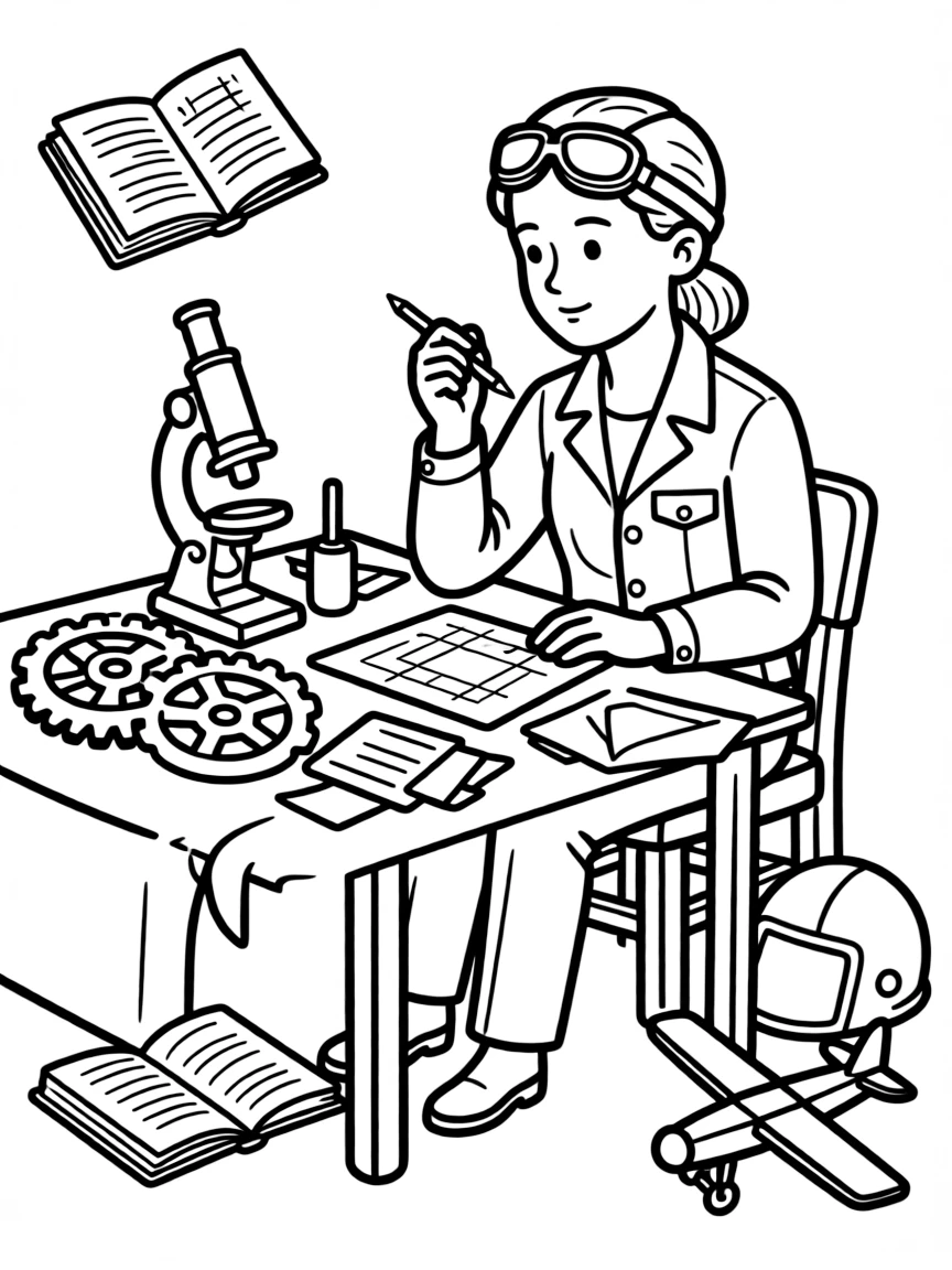Amelia Earhart working on their famous invention or idea, with gears, papers, or lab equipment drawn simply.