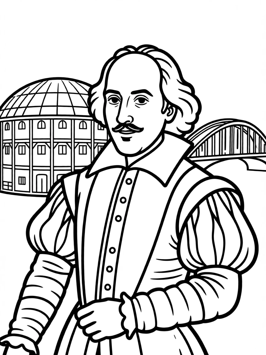 William Shakespeare standing proudly with historical landmarks in the background, drawn with clear bold lines for coloring.