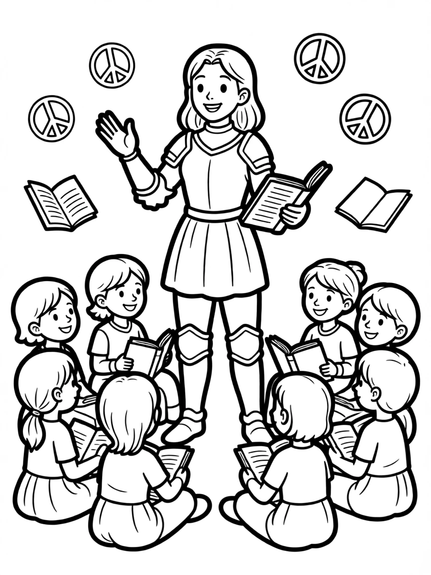 A fun coloring page of Joan of Arc giving a speech to children with books and peace signs around.