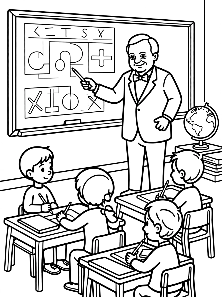 Winston Churchill teaching children, with educational items like chalkboards and pencils, in a friendly classroom scene.