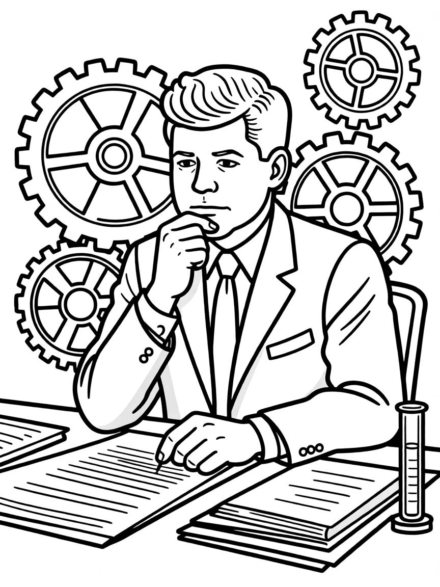 John F. Kennedy working on their famous invention or idea, with gears, papers, or lab equipment drawn simply.