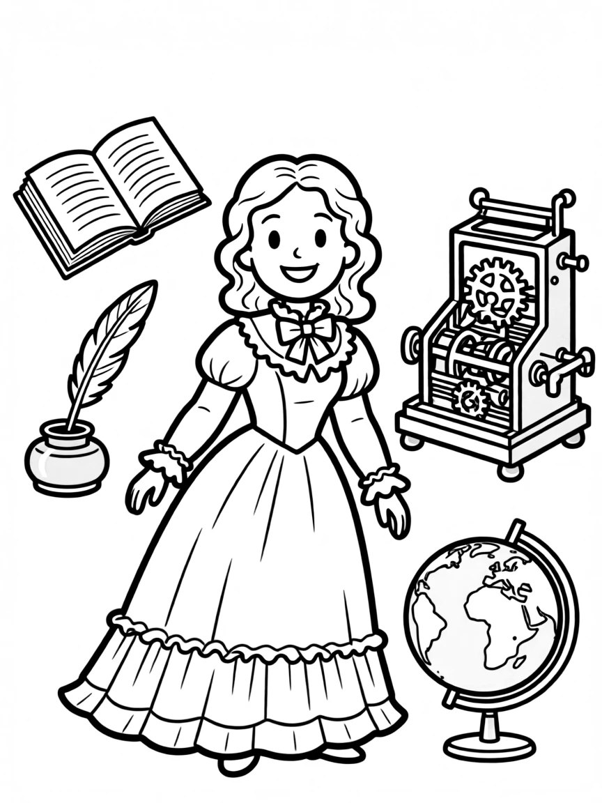A cartoon-style drawing of Ada Lovelace surrounded by symbols of their achievements, like books, tools, or globes.