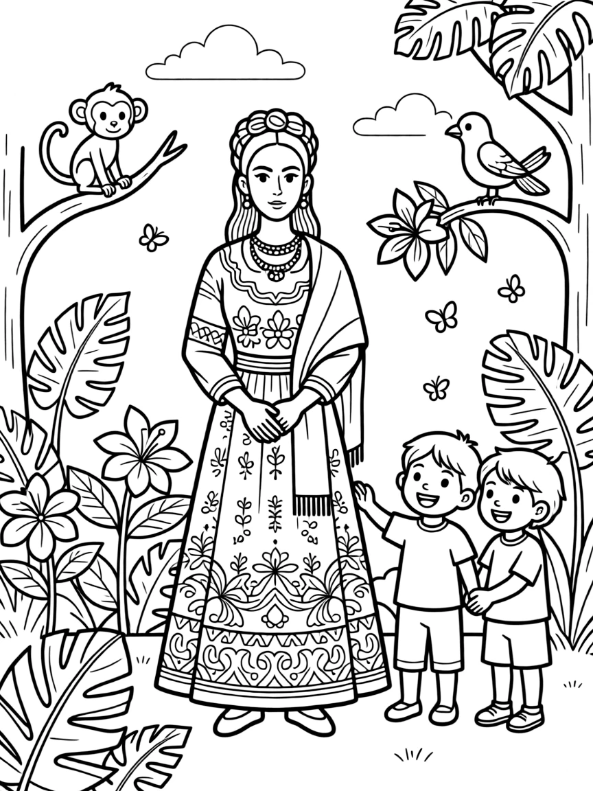 A playful scene showing Frida Kahlo in a historical outfit with animals, plants, or kids nearby.