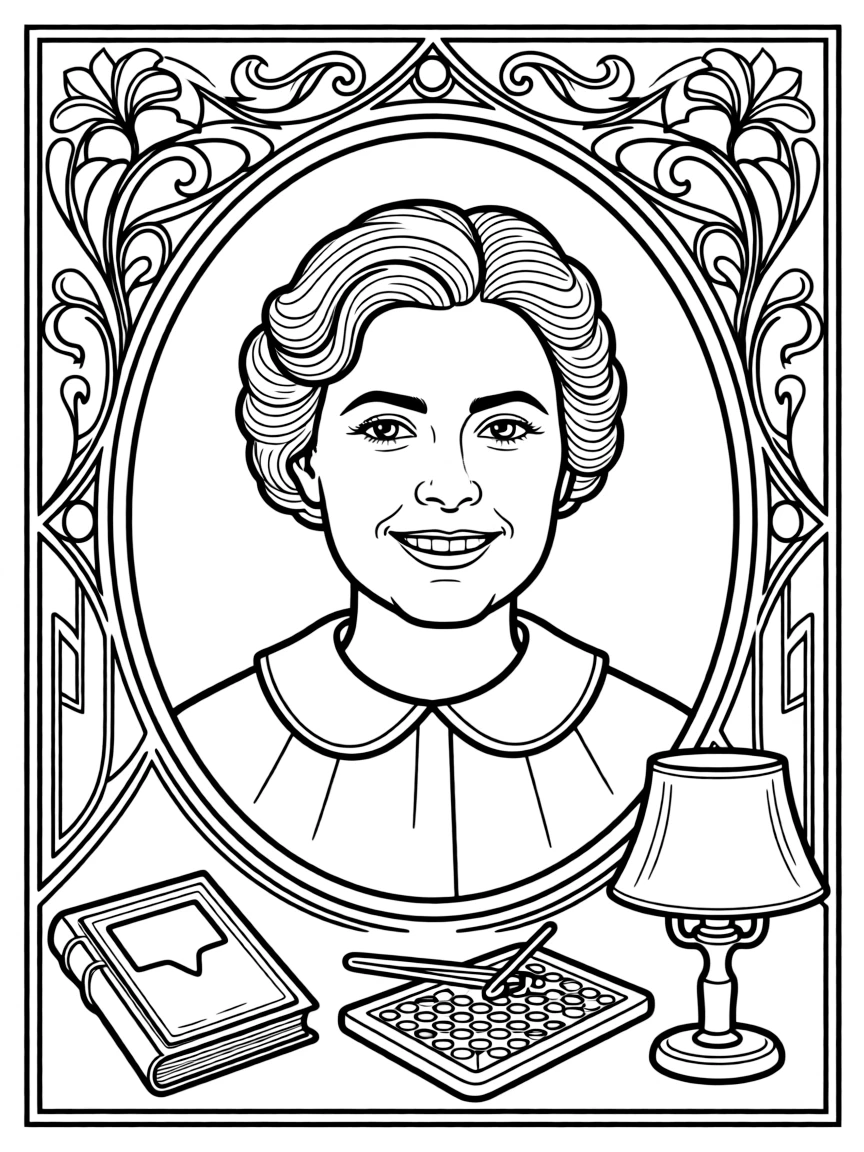 A portrait of Helen Keller with a big smile, framed with decorative borders and symbols of their time period.