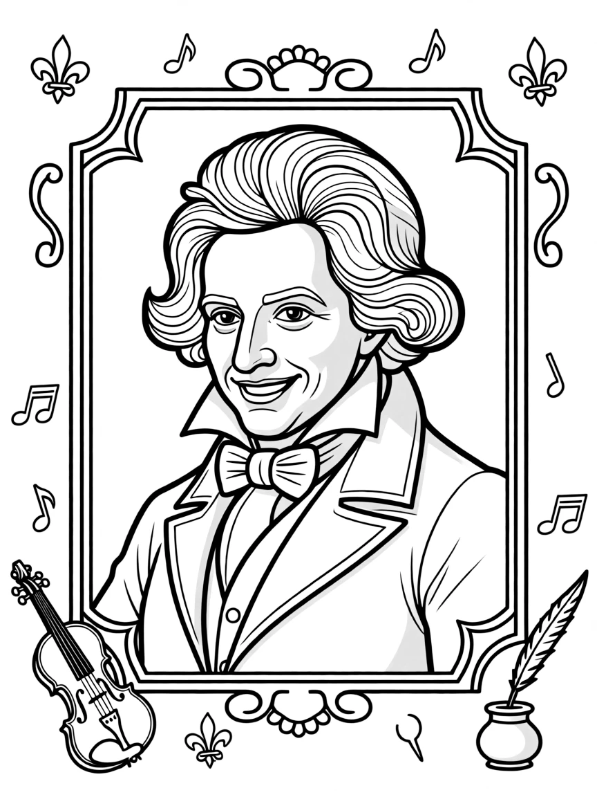 A portrait of Beethoven with a big smile, framed with decorative borders and symbols of their time period.