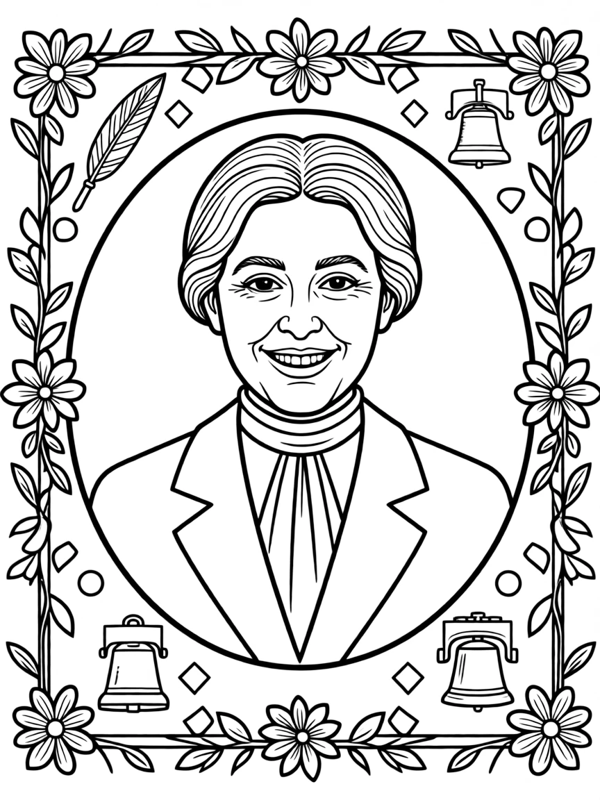 A portrait of Susan B. Anthony with a big smile, framed with decorative borders and symbols of their time period.