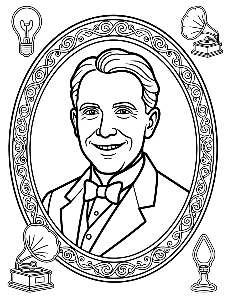 A portrait of Thomas Edison with a big smile, framed with decorative borders and symbols of their time period.