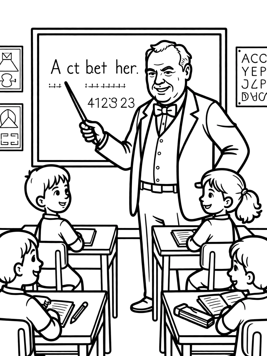 Winston Churchill teaching children, with educational items like chalkboards and pencils, in a friendly classroom scene.