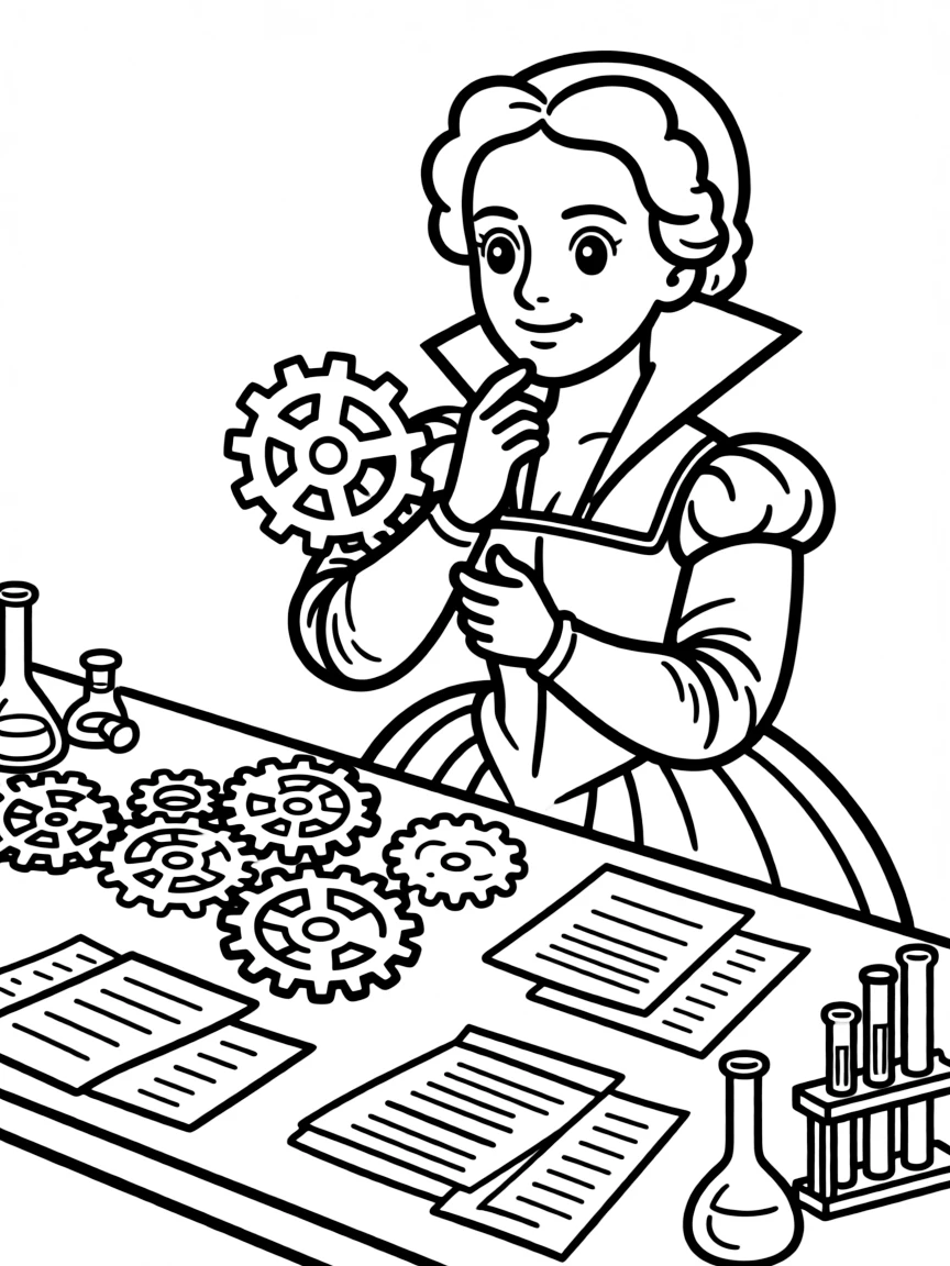 Queen Elizabeth I working on their famous invention or idea, with gears, papers, or lab equipment drawn simply.
