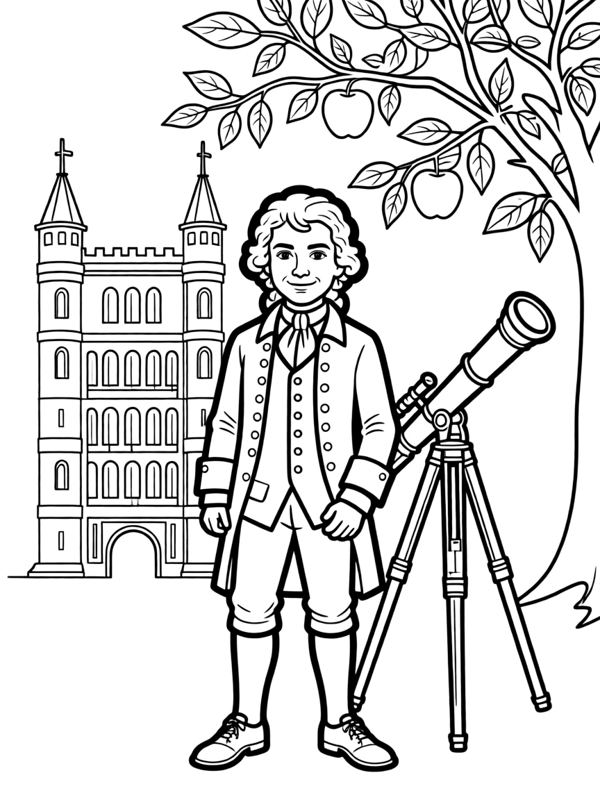 Isaac Newton standing proudly with historical landmarks in the background, drawn with clear bold lines for coloring.