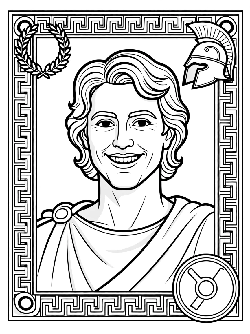 A portrait of Alexander the Great with a big smile, framed with decorative borders and symbols of their time period.