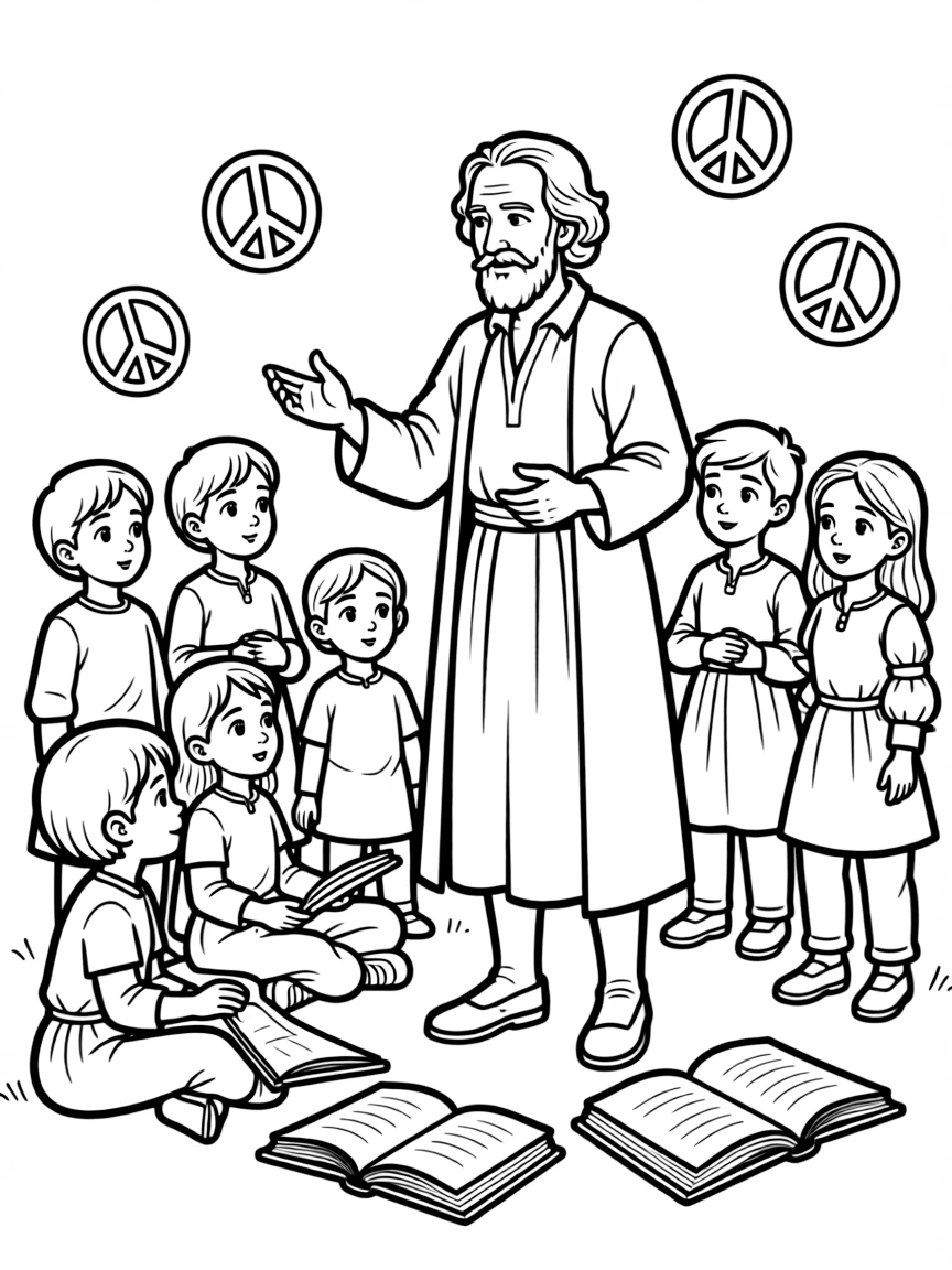 A fun coloring page of Galileo Galilei giving a speech to children with books and peace signs around.