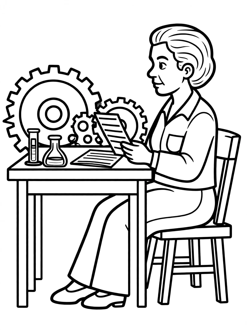 Rosa Parks working on their famous invention or idea, with gears, papers, or lab equipment drawn simply.