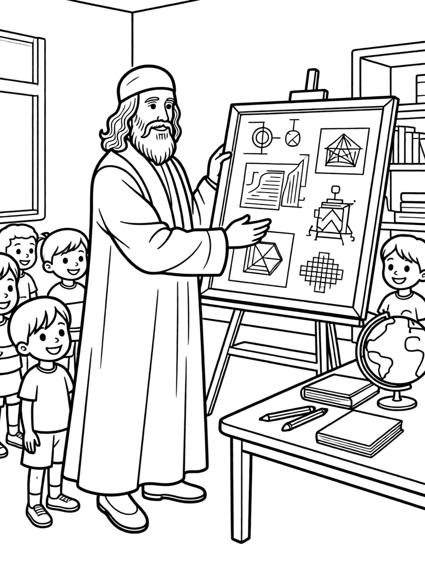 Leonardo da Vinci teaching children, with educational items like chalkboards and pencils, in a friendly classroom scene.