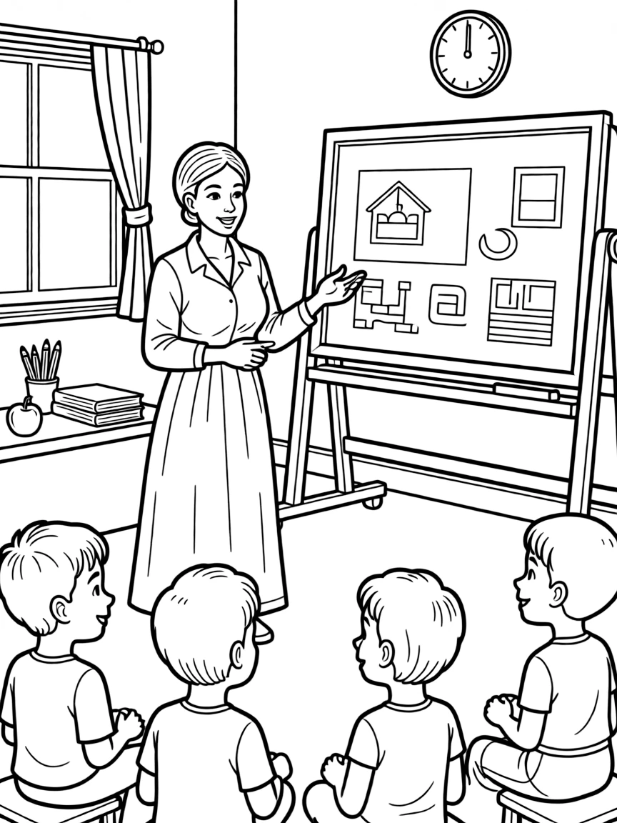 Harriet Tubman teaching children, with educational items like chalkboards and pencils, in a friendly classroom scene.