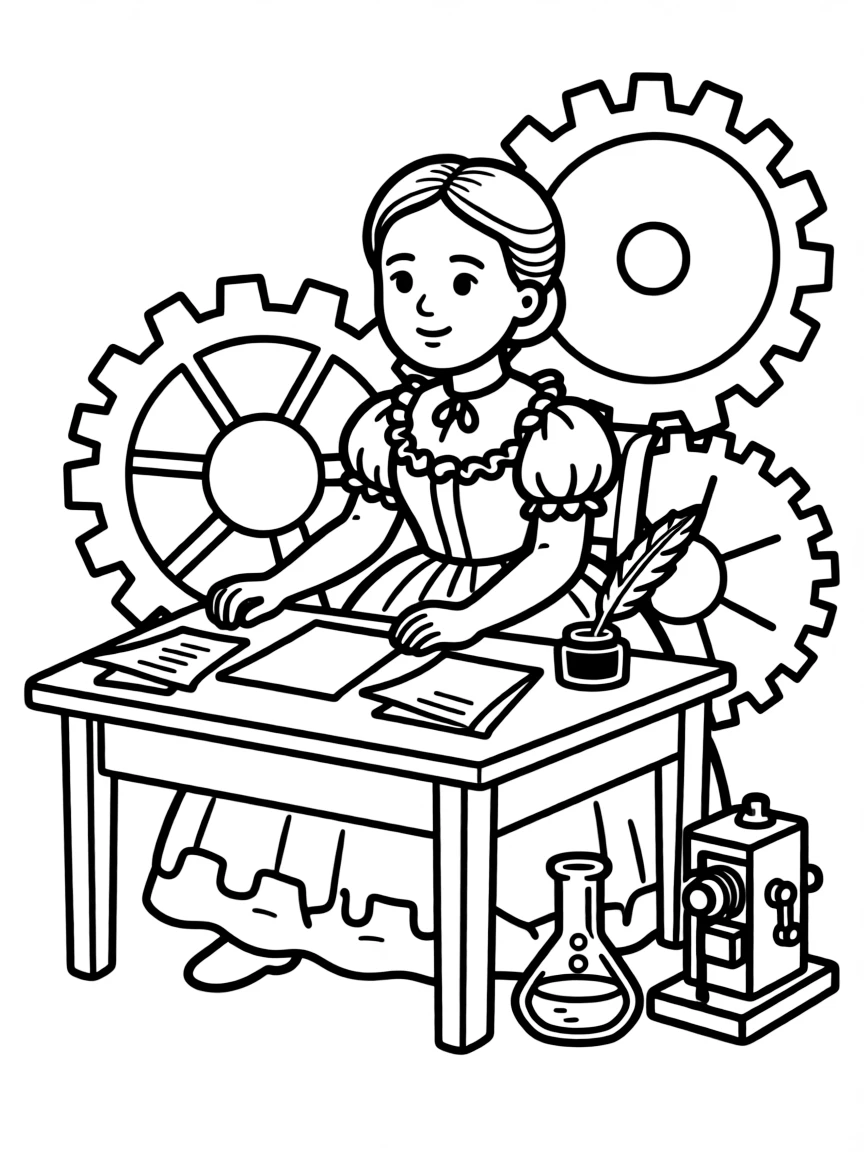 Ada Lovelace working on their famous invention or idea, with gears, papers, or lab equipment drawn simply.