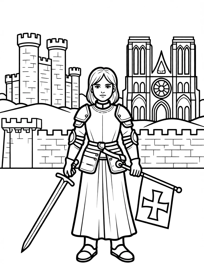 Joan of Arc standing proudly with historical landmarks in the background, drawn with clear bold lines for coloring.