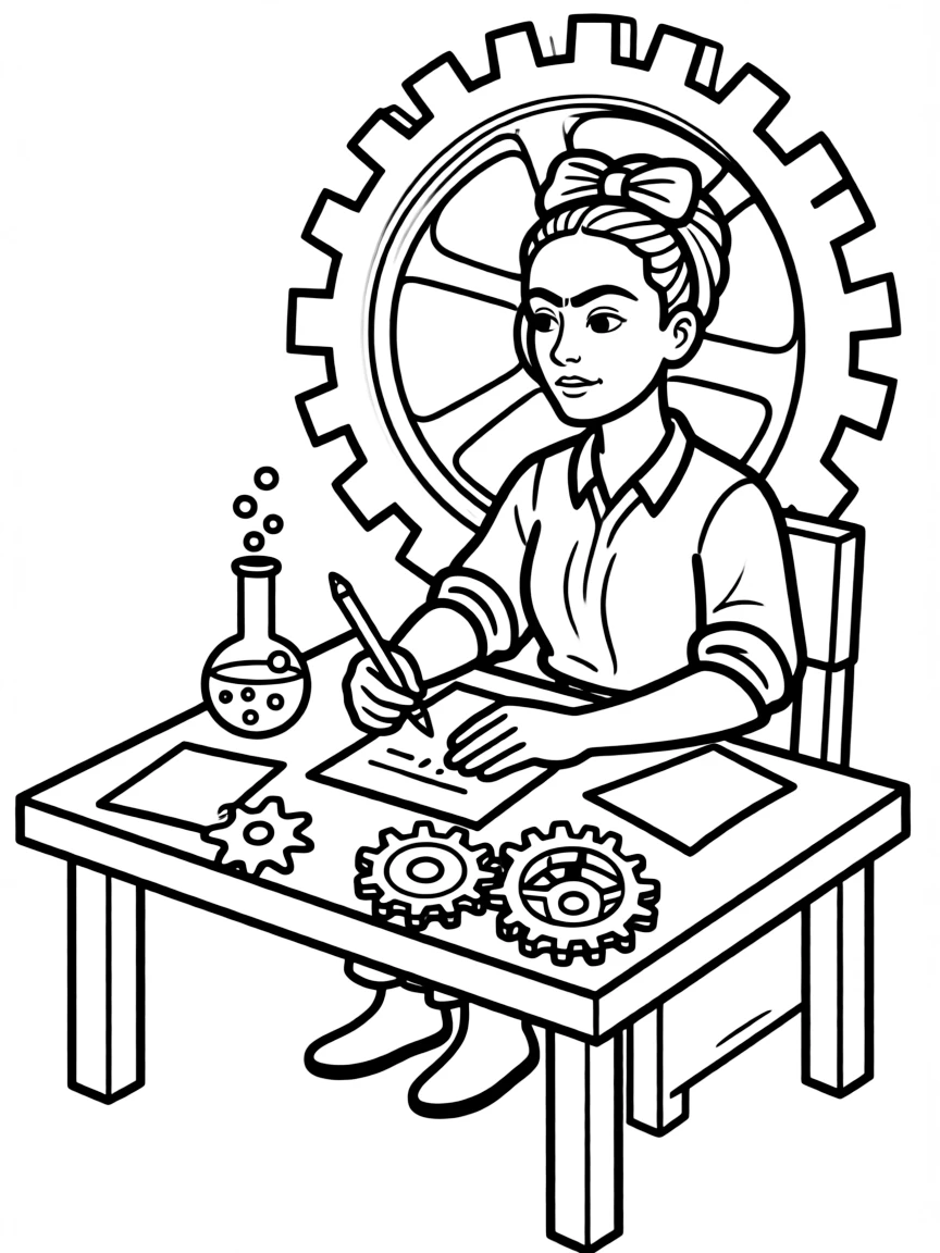 Frida Kahlo working on their famous invention or idea, with gears, papers, or lab equipment drawn simply.