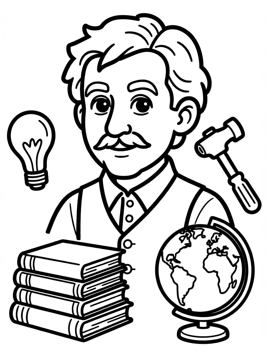 A cartoon-style drawing of Thomas Edison surrounded by symbols of their achievements, like books, tools, or globes.