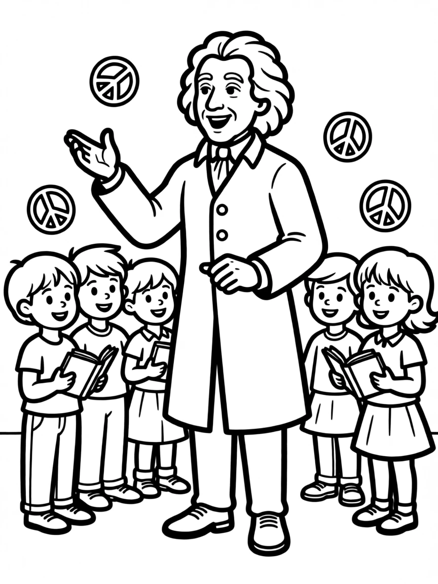 A fun coloring page of Isaac Newton giving a speech to children with books and peace signs around.