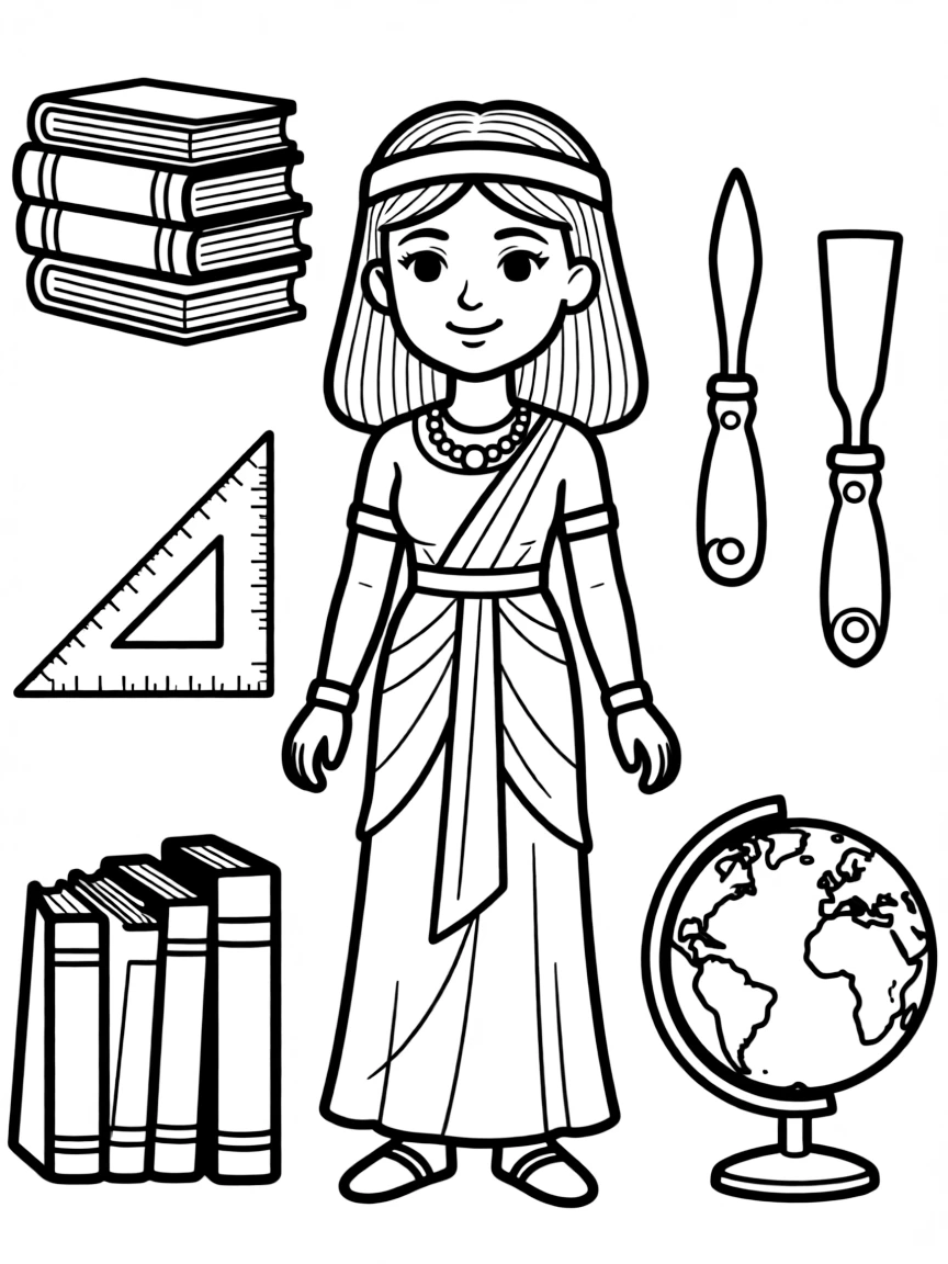A cartoon-style drawing of Cleopatra surrounded by symbols of their achievements, like books, tools, or globes.