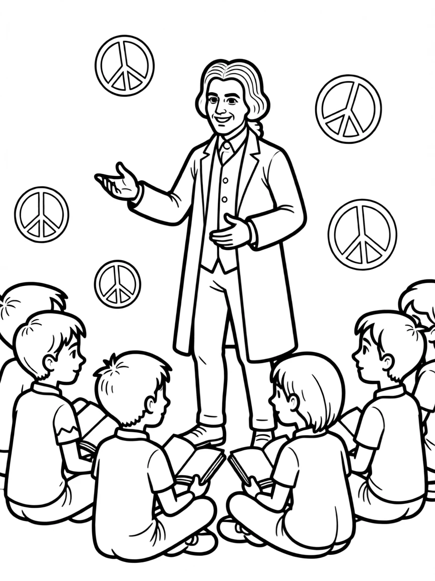 A fun coloring page of Isaac Newton giving a speech to children with books and peace signs around.