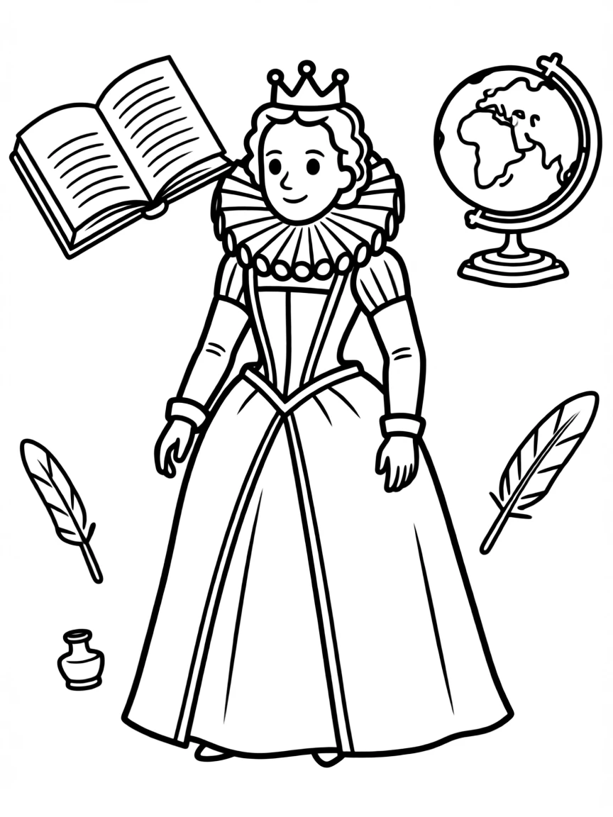 A cartoon-style drawing of Queen Elizabeth I surrounded by symbols of their achievements, like books, tools, or globes.