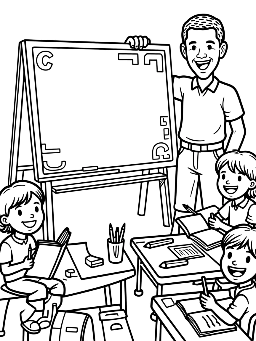 Barack Obama teaching children, with educational items like chalkboards and pencils, in a friendly classroom scene.