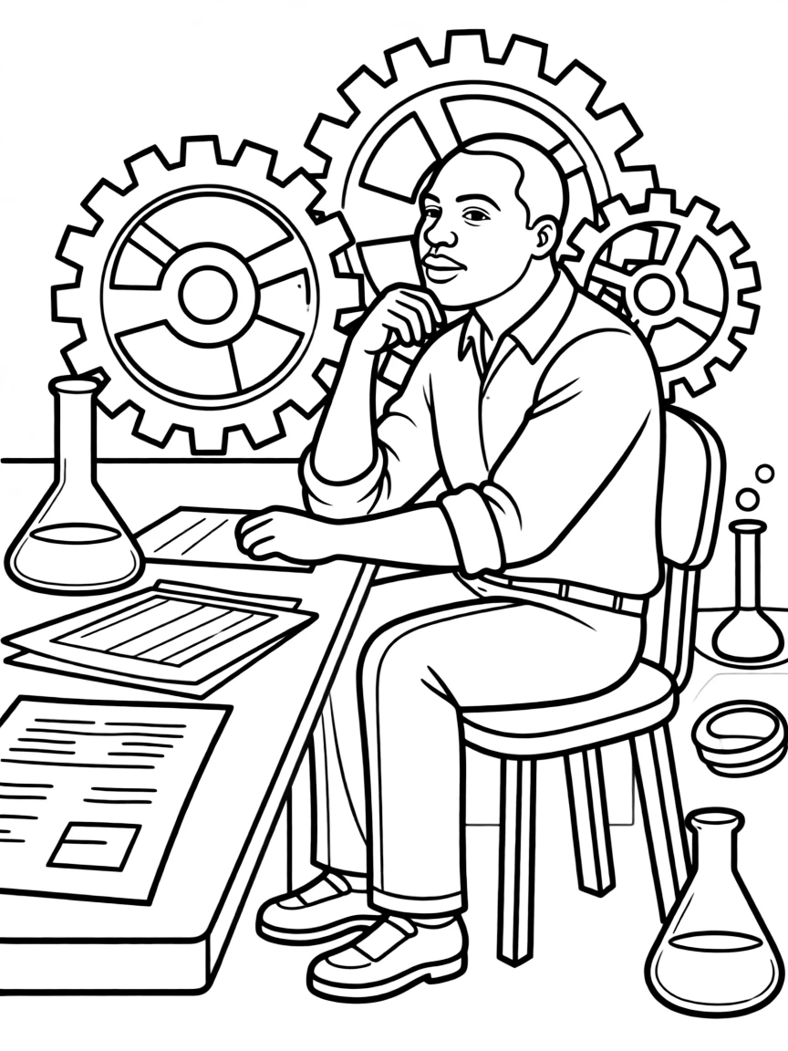 Martin Luther King Jr. working on their famous invention or idea, with gears, papers, or lab equipment drawn simply.