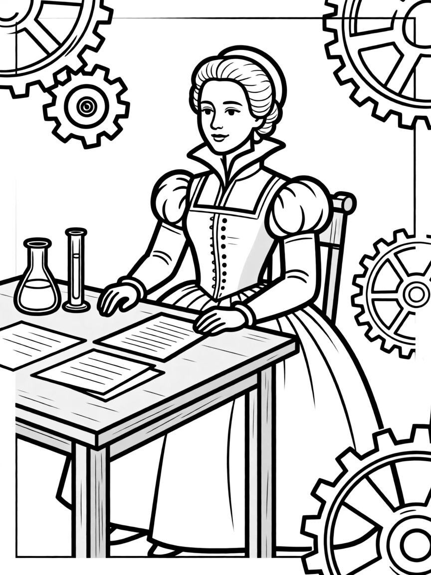 Queen Elizabeth I working on their famous invention or idea, with gears, papers, or lab equipment drawn simply.