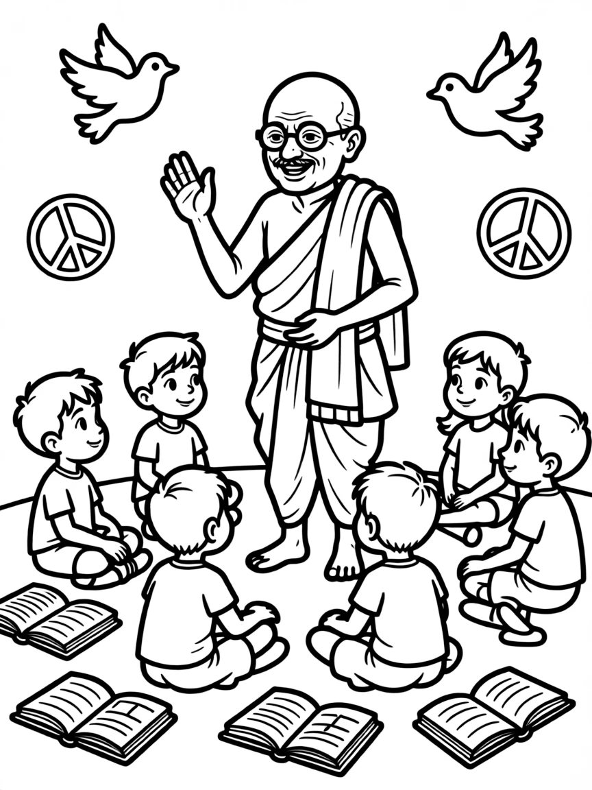 A fun coloring page of Mahatma Gandhi giving a speech to children with books and peace signs around.