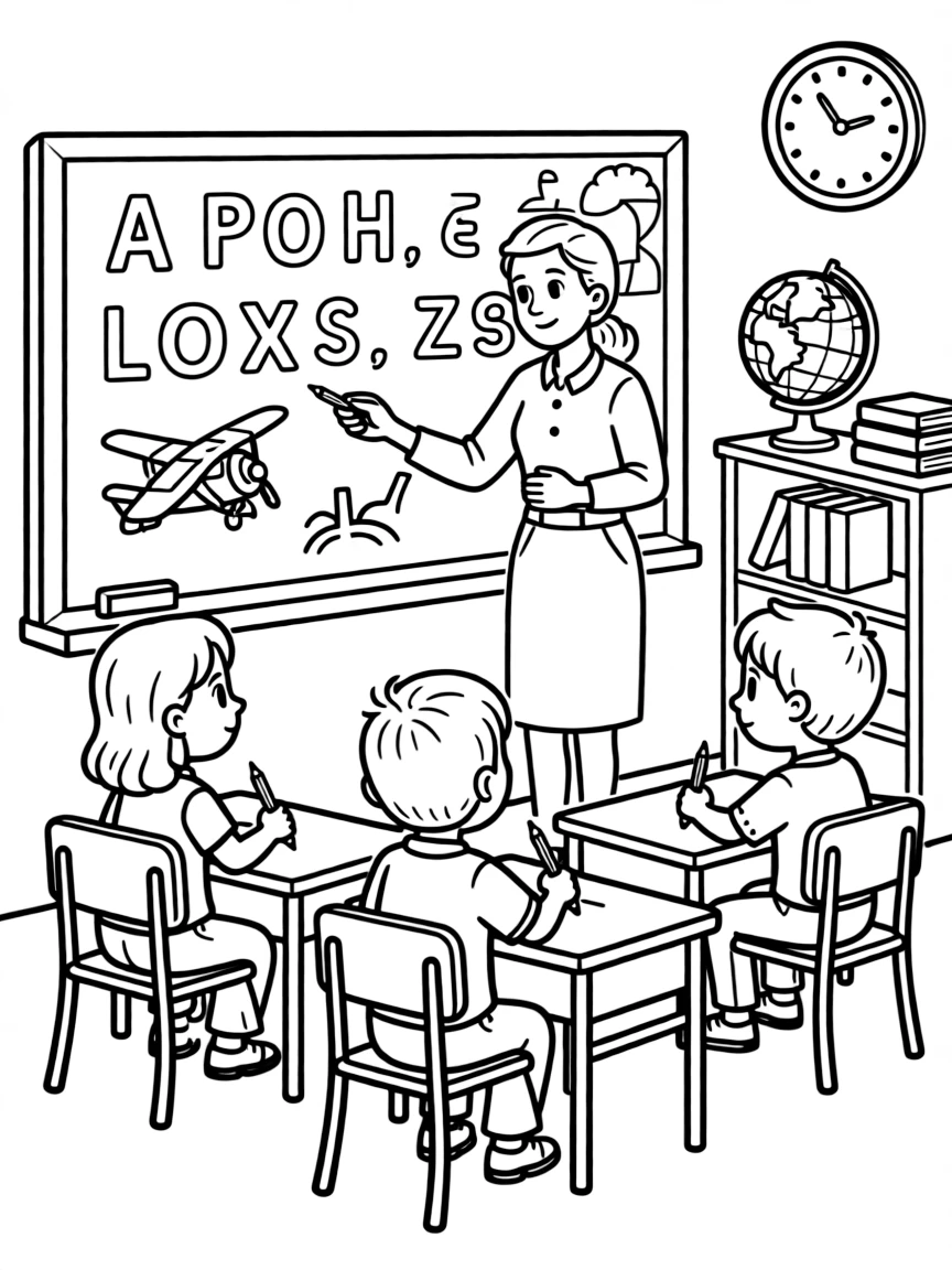 Amelia Earhart teaching children, with educational items like chalkboards and pencils, in a friendly classroom scene.