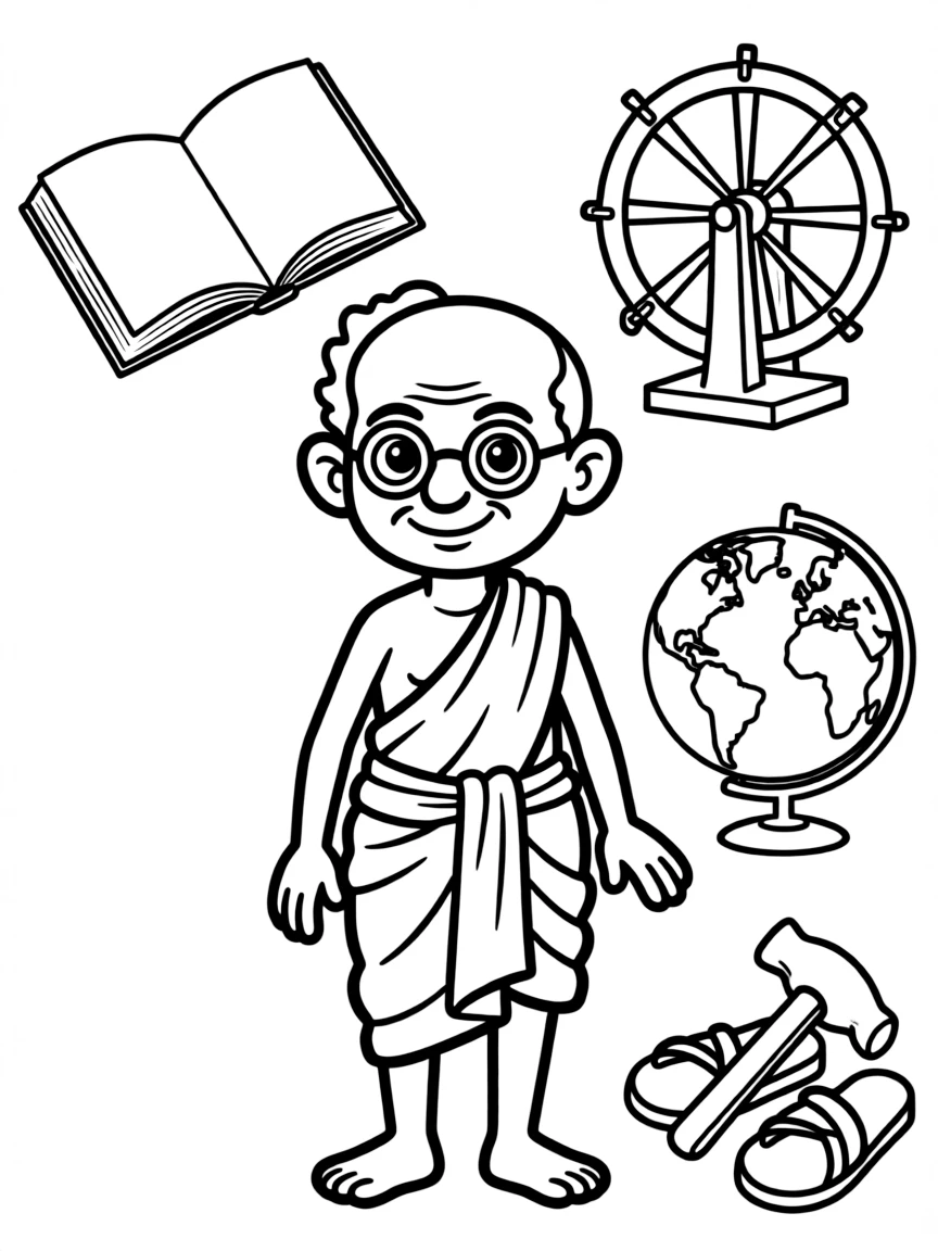 A cartoon-style drawing of Mahatma Gandhi surrounded by symbols of their achievements, like books, tools, or globes.