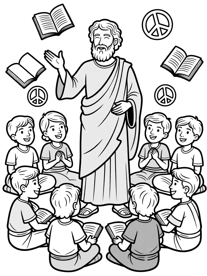 A fun coloring page of Plato giving a speech to children with books and peace signs around.