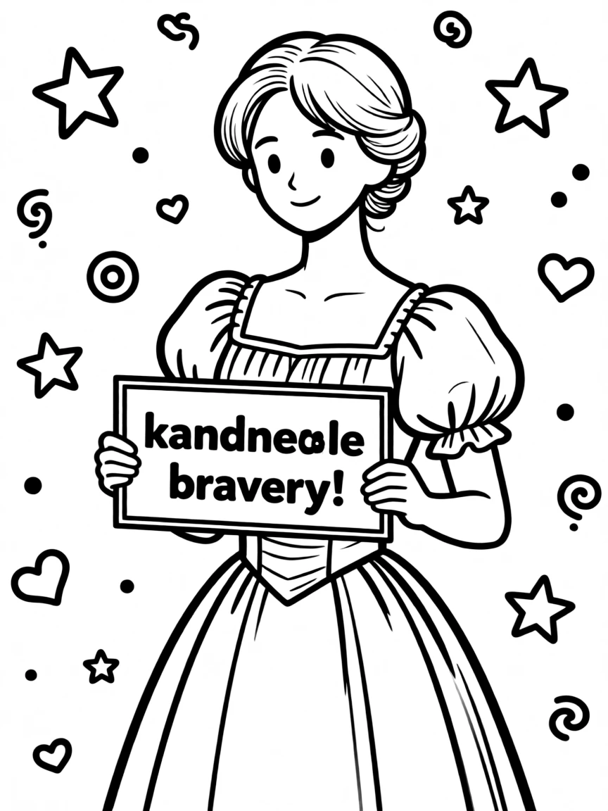 A cute coloring page of Jane Austen holding a sign about kindness or bravery, with stars and doodles around.