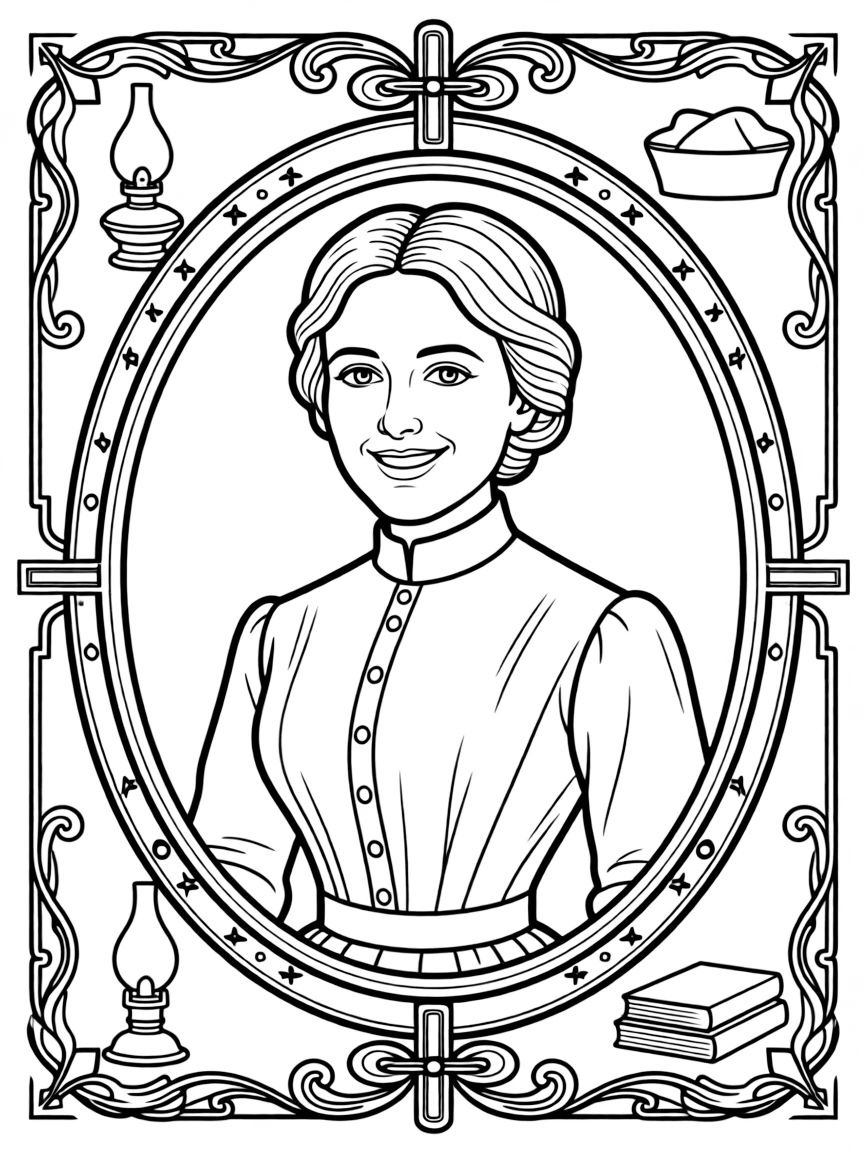 A portrait of Florence Nightingale with a big smile, framed with decorative borders and symbols of their time period.