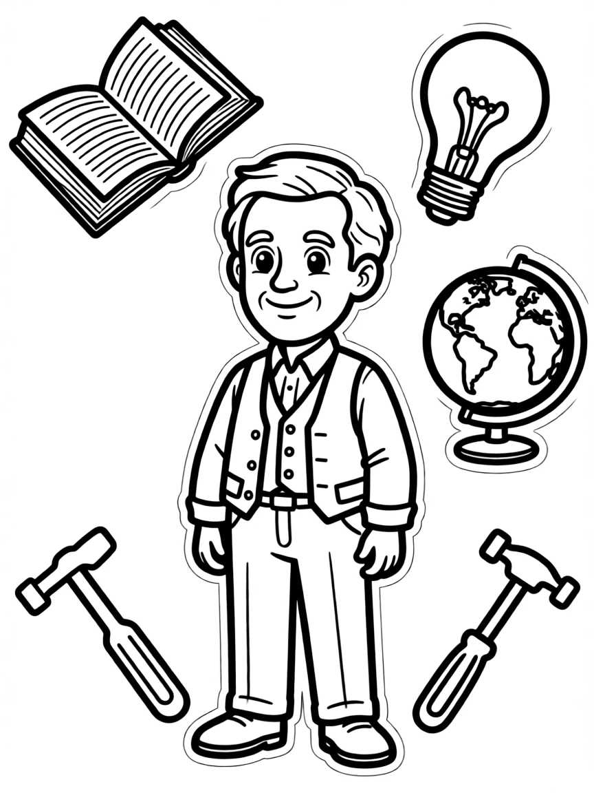 A cartoon-style drawing of Thomas Edison surrounded by symbols of their achievements, like books, tools, or globes.