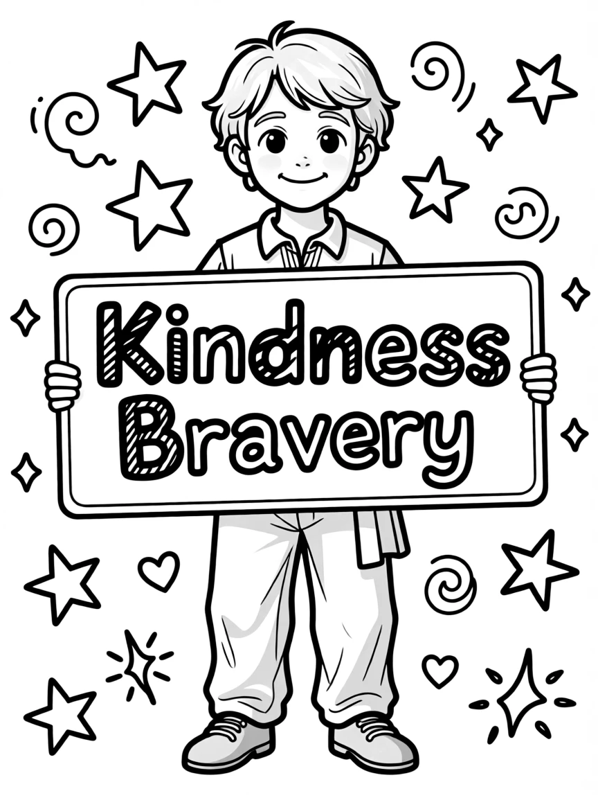 A cute coloring page of Leonardo da Vinci holding a sign about kindness or bravery, with stars and doodles around.