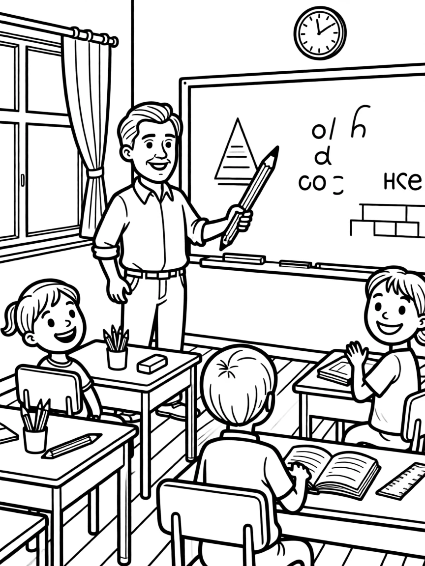 Pablo Picasso teaching children, with educational items like chalkboards and pencils, in a friendly classroom scene.