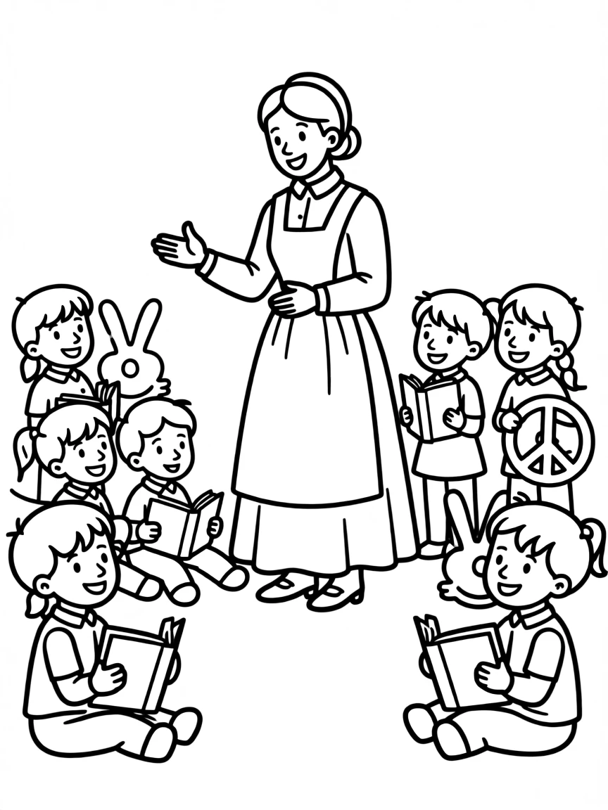 A fun coloring page of Florence Nightingale giving a speech to children with books and peace signs around.
