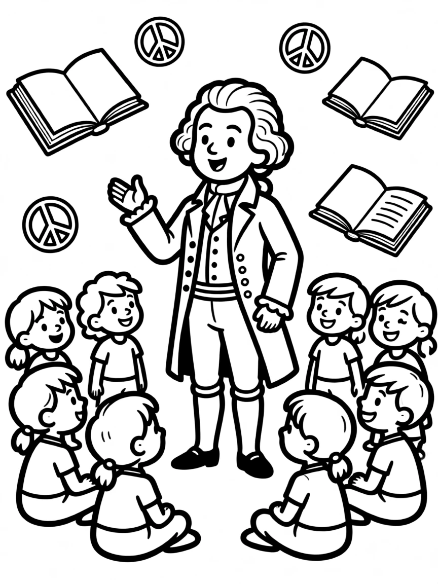 A fun coloring page of Mozart giving a speech to children with books and peace signs around.