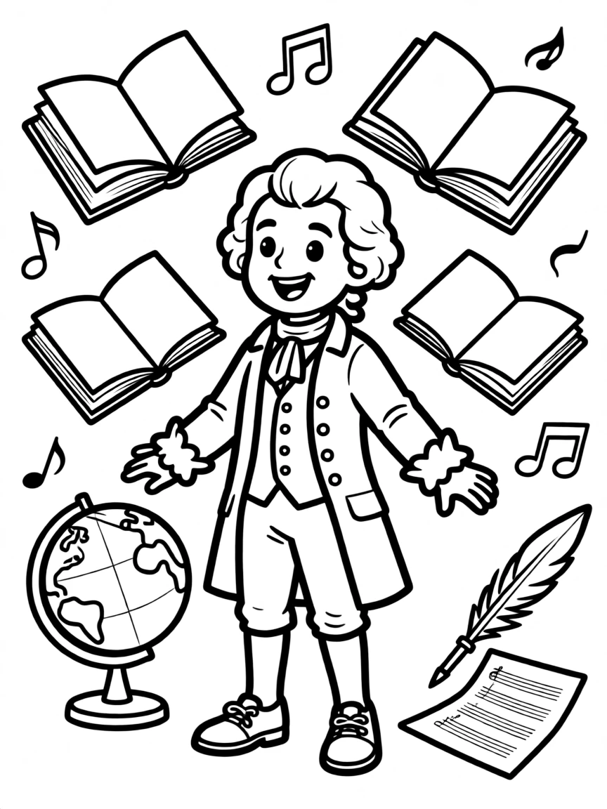 A cartoon-style drawing of Mozart surrounded by symbols of their achievements, like books, tools, or globes.