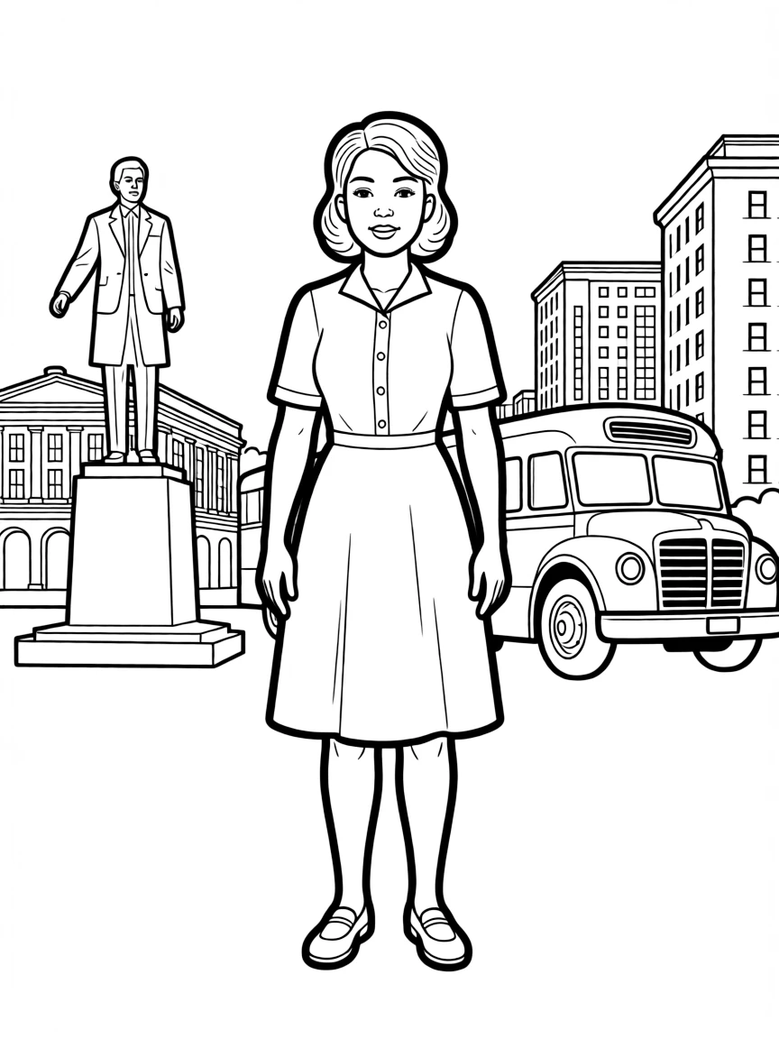 Rosa Parks standing proudly with historical landmarks in the background, drawn with clear bold lines for coloring.