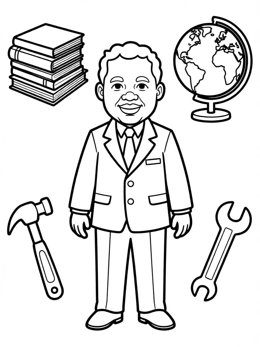 A cartoon-style drawing of Martin Luther King Jr. surrounded by symbols of their achievements, like books, tools, or globes.