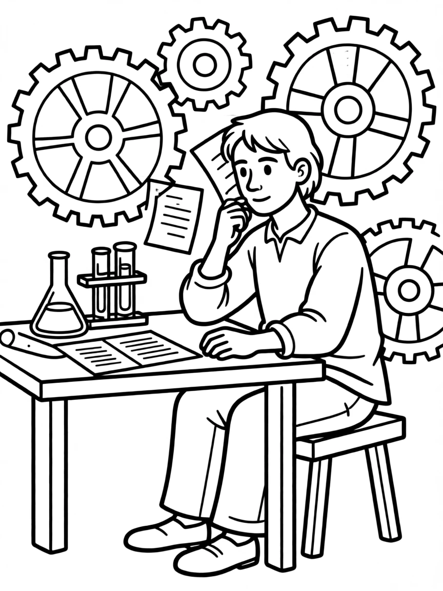 Christopher Columbus working on their famous invention or idea, with gears, papers, or lab equipment drawn simply.