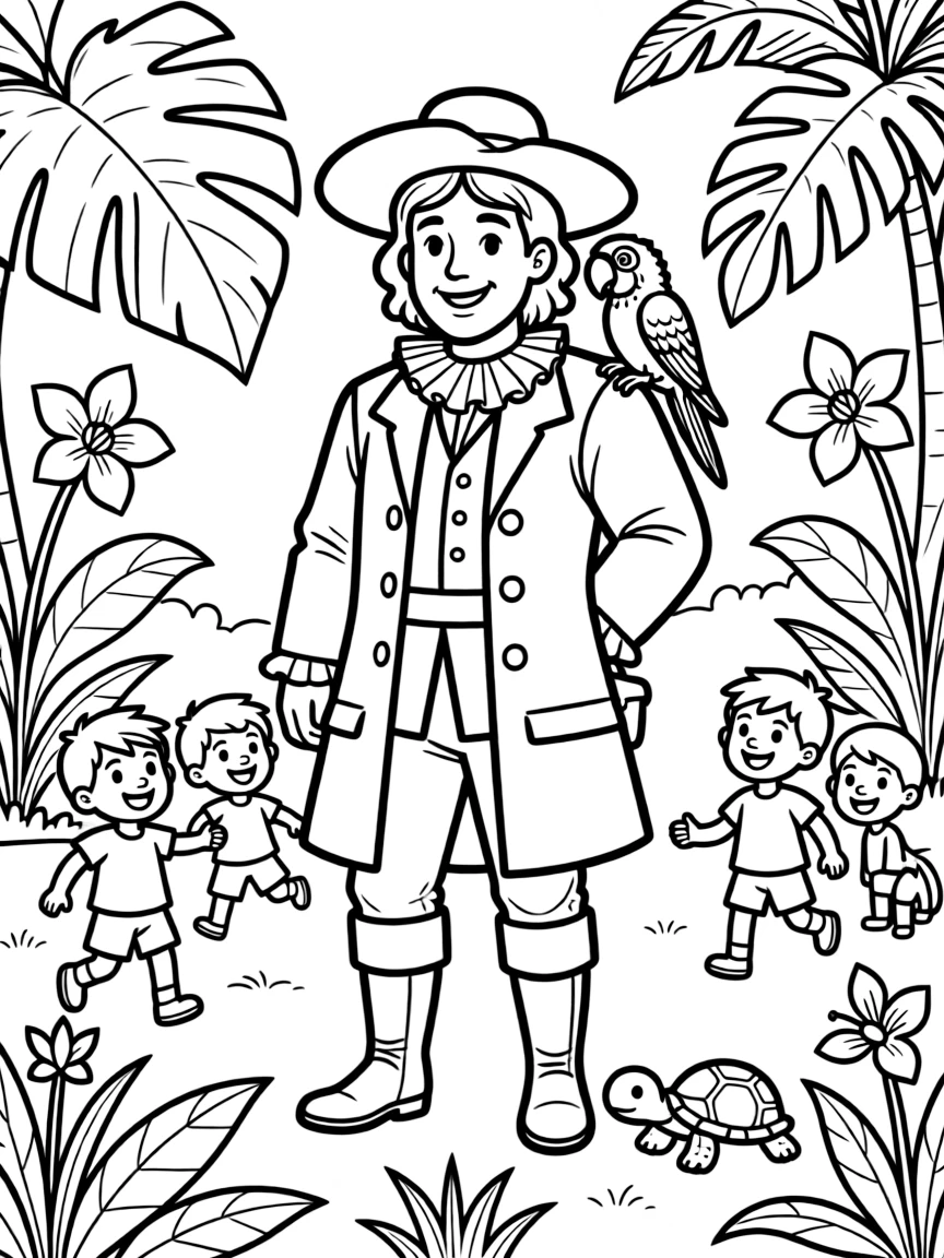A playful scene showing Christopher Columbus in a historical outfit with animals, plants, or kids nearby.