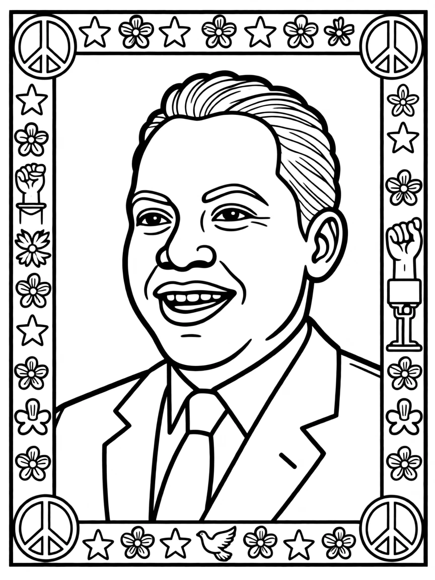 A portrait of Martin Luther King Jr. with a big smile, framed with decorative borders and symbols of their time period.