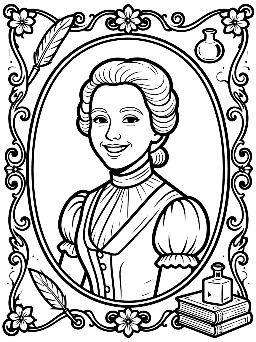 A portrait of Jane Austen with a big smile, framed with decorative borders and symbols of their time period.