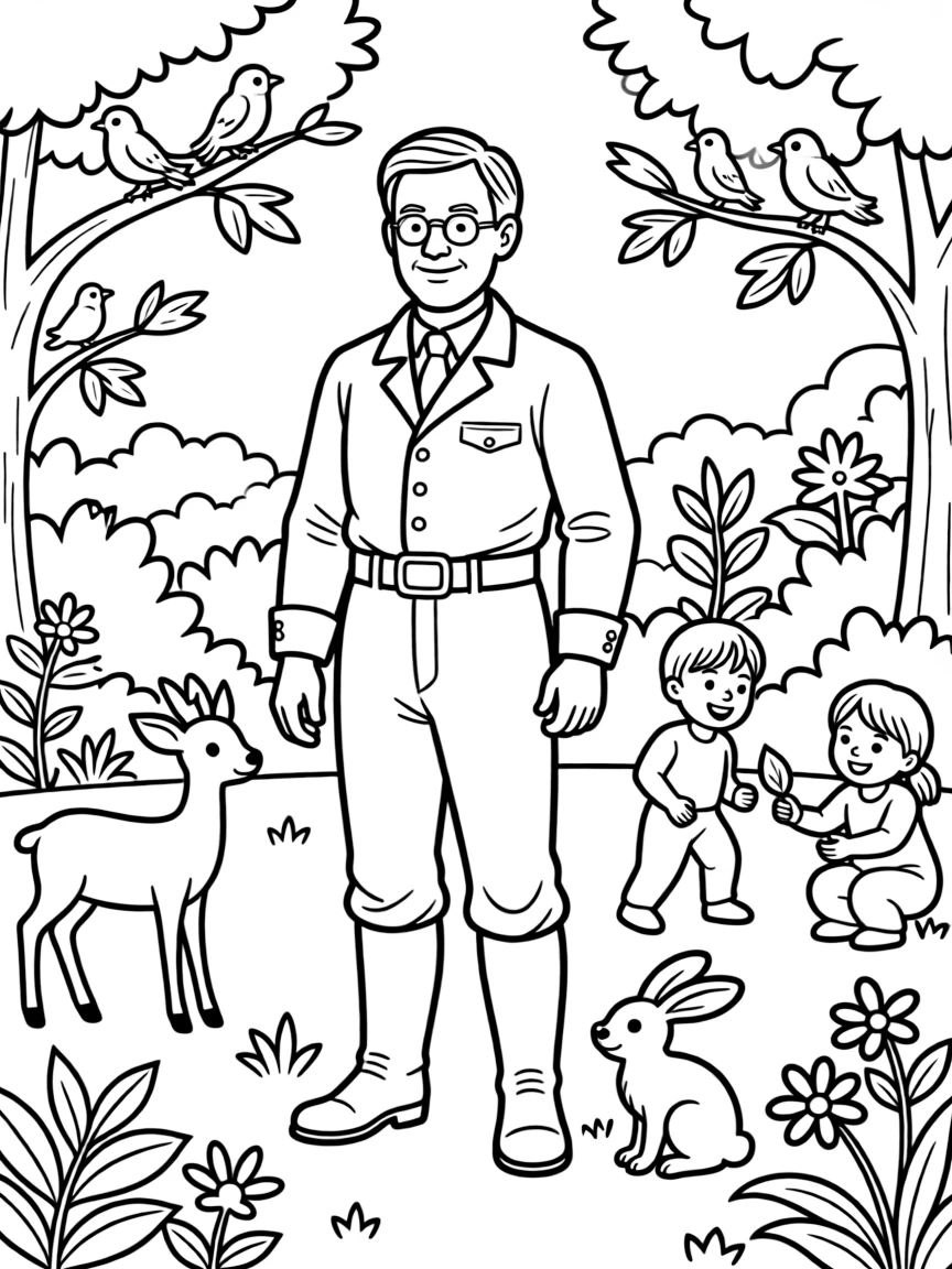 A playful scene showing Theodore Roosevelt in a historical outfit with animals, plants, or kids nearby.