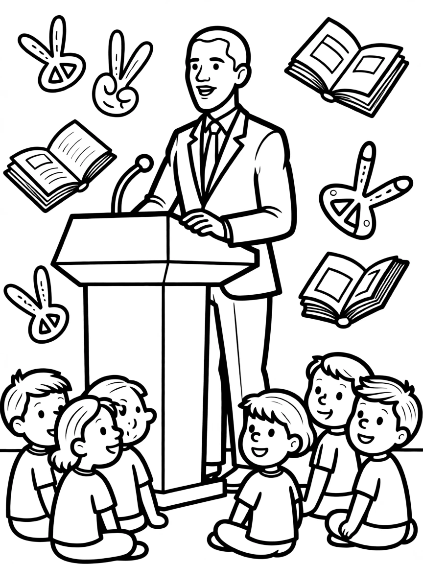A fun coloring page of Barack Obama giving a speech to children with books and peace signs around.